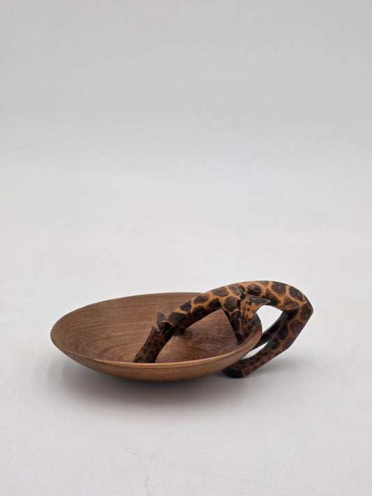 African Art Hand Carved Wood Bowl Giraffe Drinking Jewlery Ring Trinket Dish