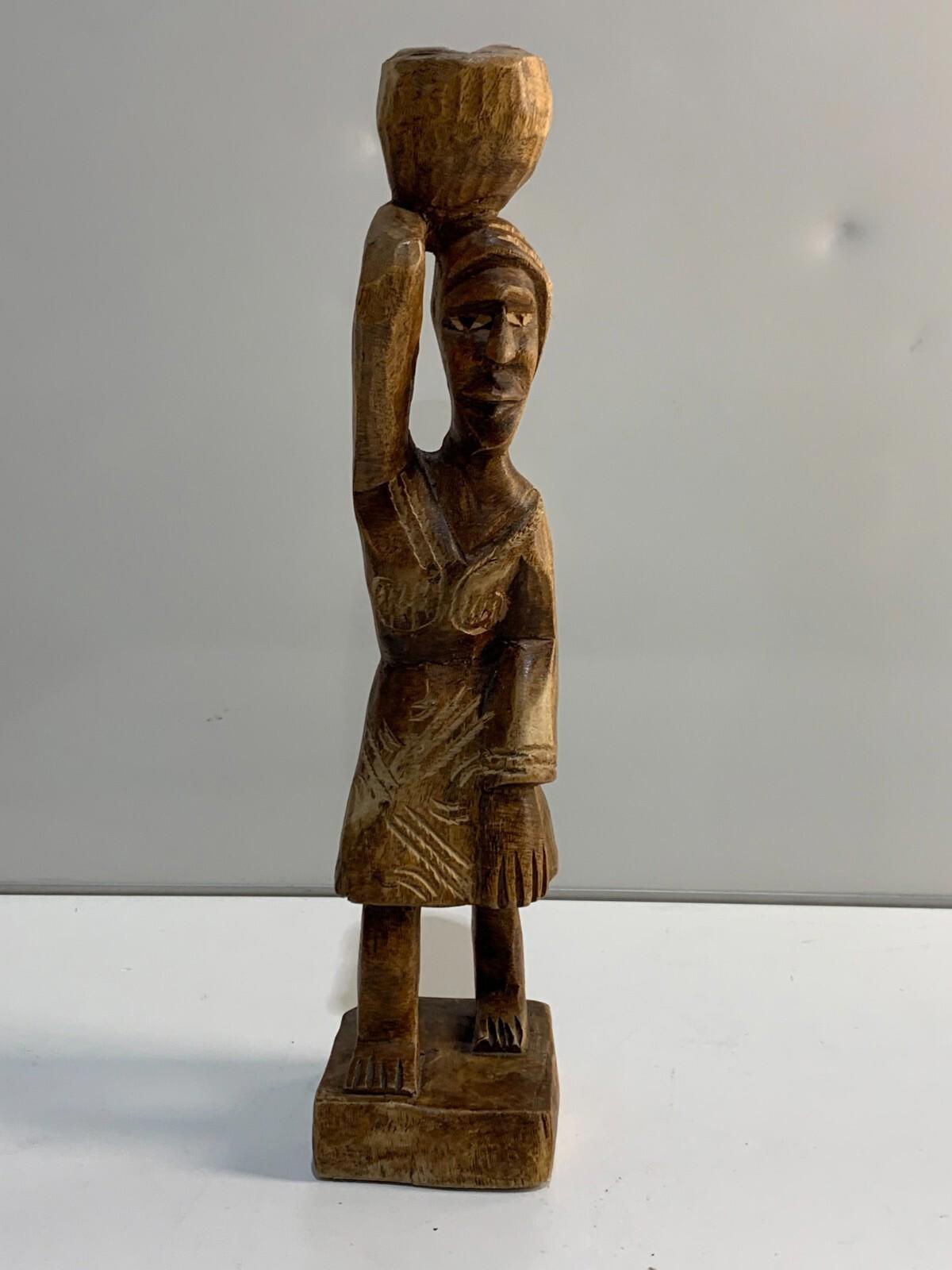 Hand Carved Wood Haitian or African Woman. Figurine with Basket