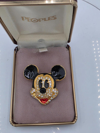 Vintage Mickey Mouse Disney Brooch Enamel Crystal Pin Gold Tone - Peoples Box