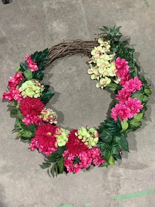 Artificial Pink Floral Grapevine Wreath 40”