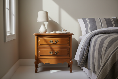 Nightstand styled in a sunlit bedroom