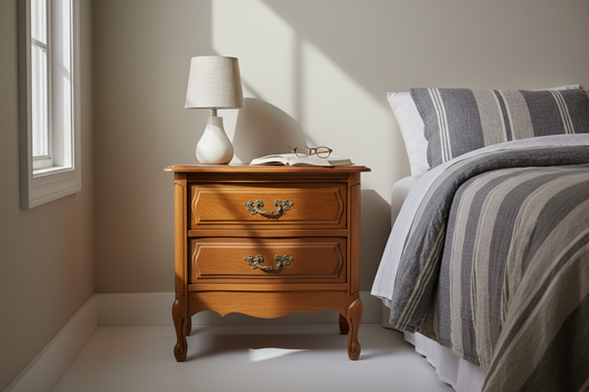 Nightstand styled in a sunlit bedroom
