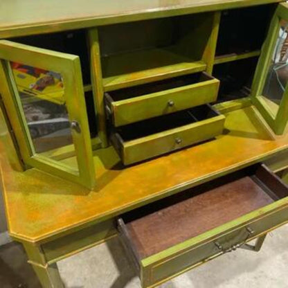 Vintage Wood Olive Green Desk with Hutch