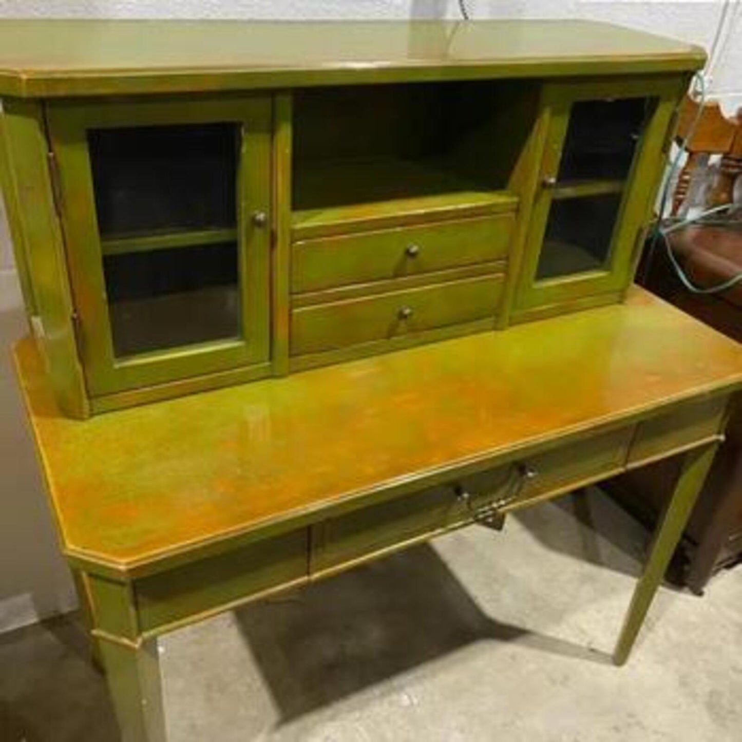 Vintage Wood Olive Green Desk with Hutch