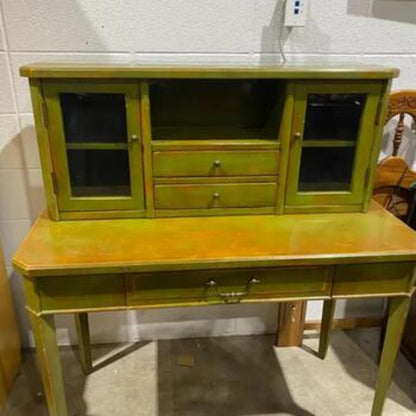 Vintage Wood Olive Green Desk with Hutch