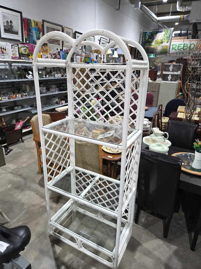 McGuire-Style Arched Cerused Rattan Étagère with 3 Glass Shelves