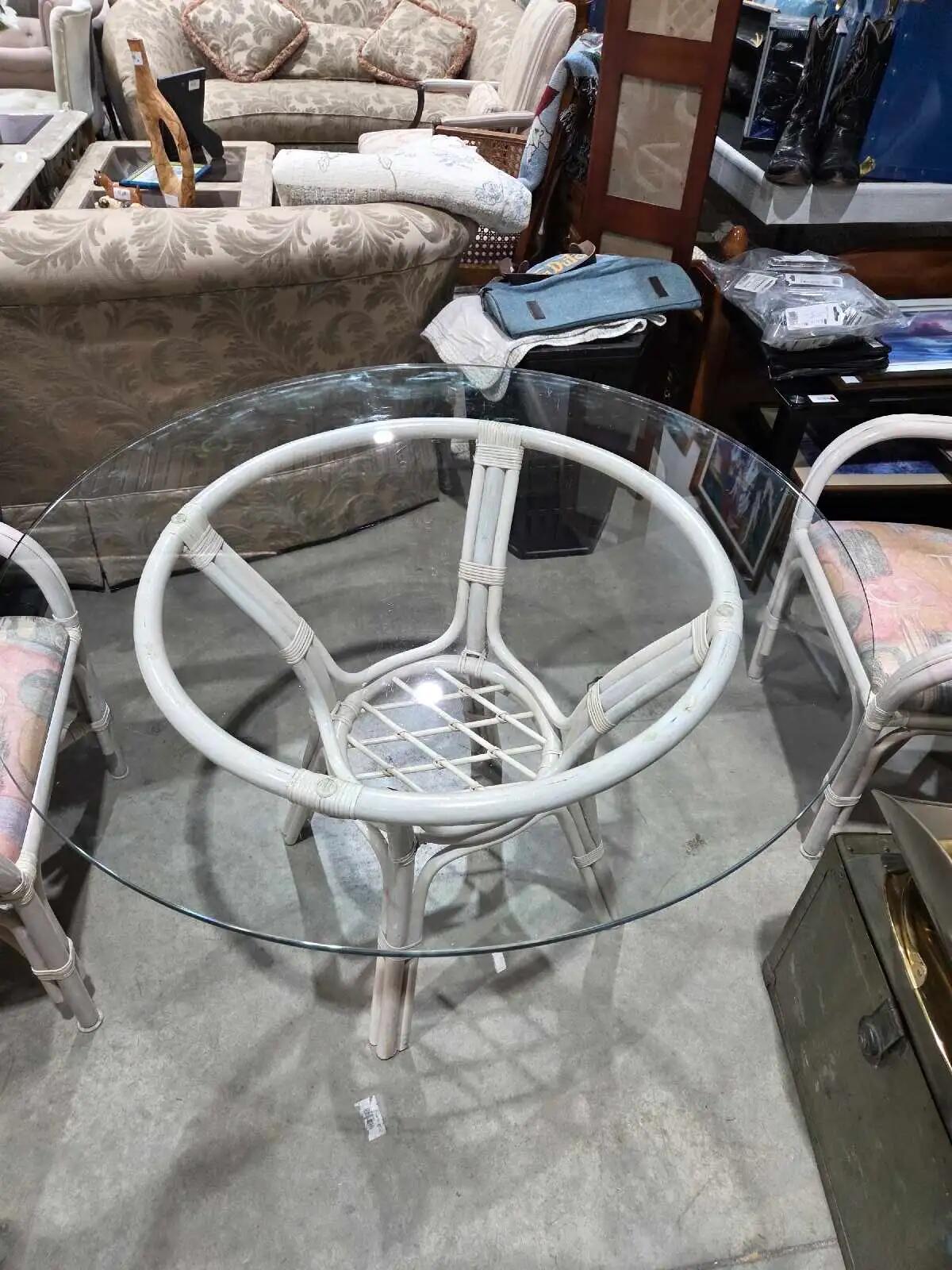 Rattan/Bentwood-Style Dining Set with Glass Top