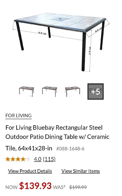 Rectangular Steel Outdoor Patio Dining Table w/ Ceramic Tiles