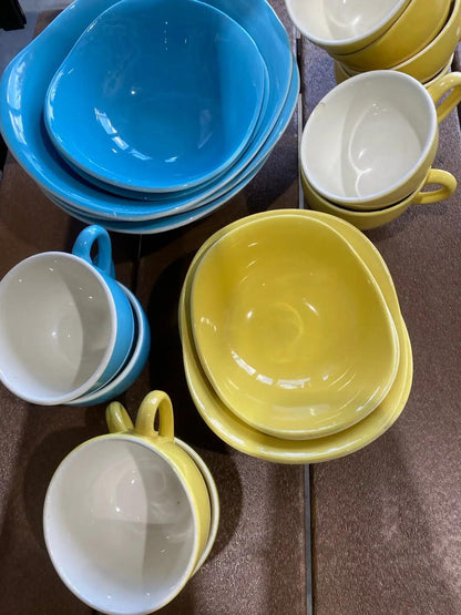 Vintage Medicine Hat Pottery Blue/Yellow Ceramic Dishes – 19 pc