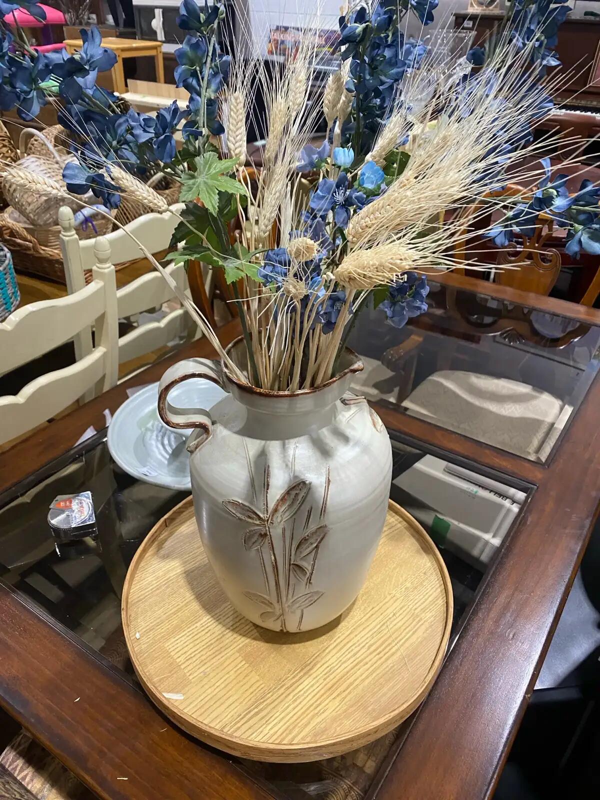 Mid-Century Modern Style Glazed Pottery Vase with Blue Flowers