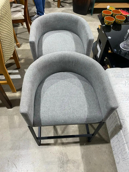 Set of 2 Grey Modern Upholstered Barrel Bar Stools