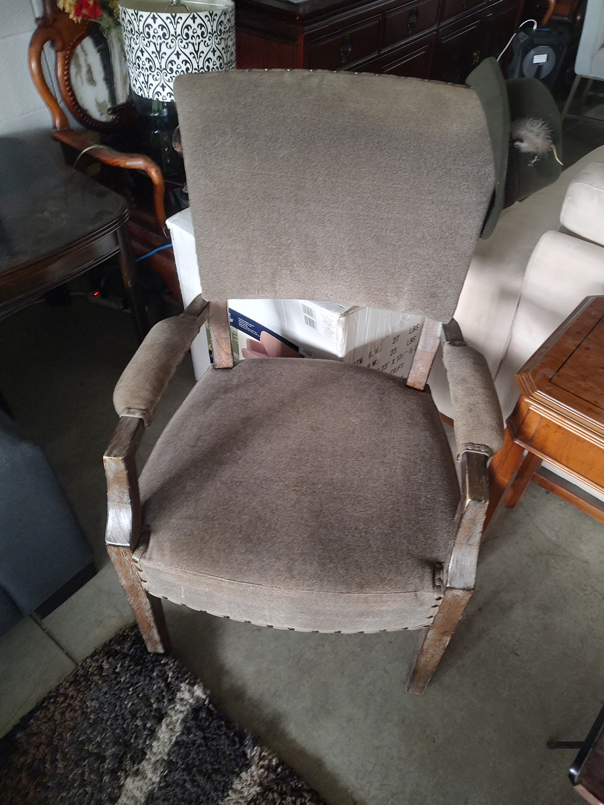 Taupe Upholstered Wood-Frame Accent Armchair