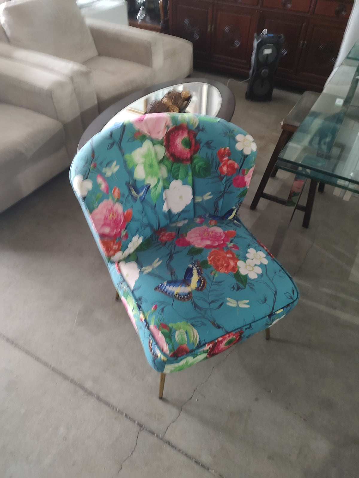 Teal Floral Accent Chair with Gold-Tone Legs – Sold Individually