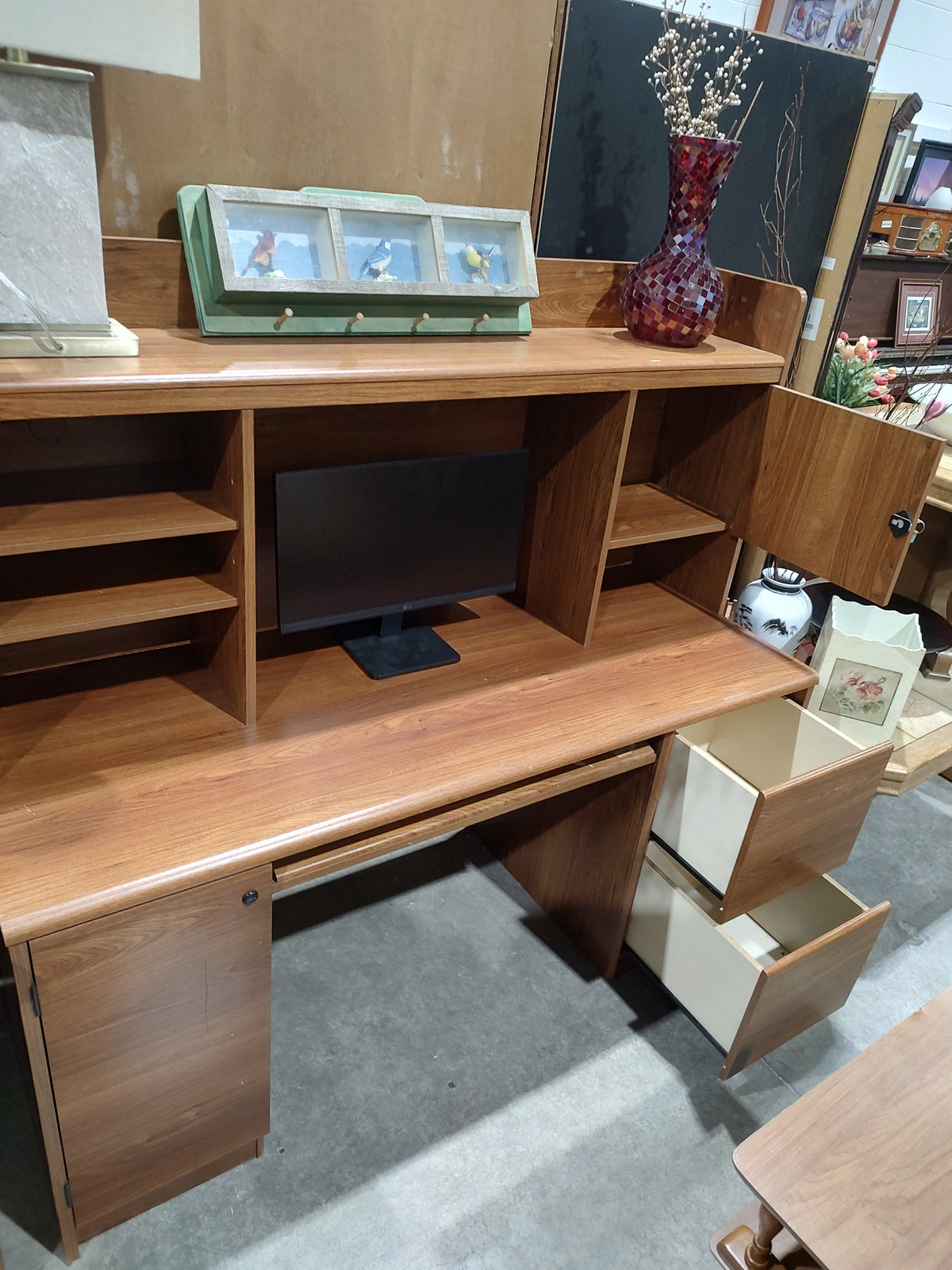 Wood-Tone Computer Desk with Storage Hutch & Keyboard Tray