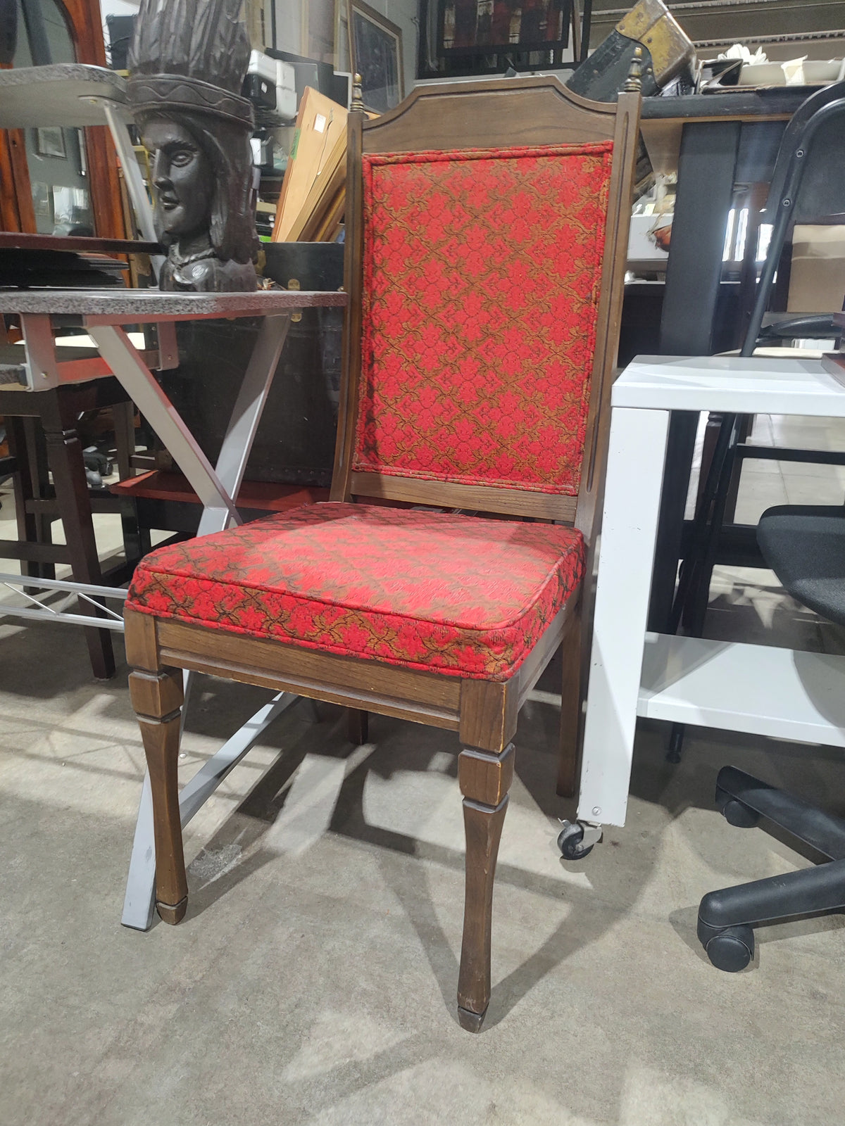 Traditional Wood Dining Chair with Red Patterned Upholstery