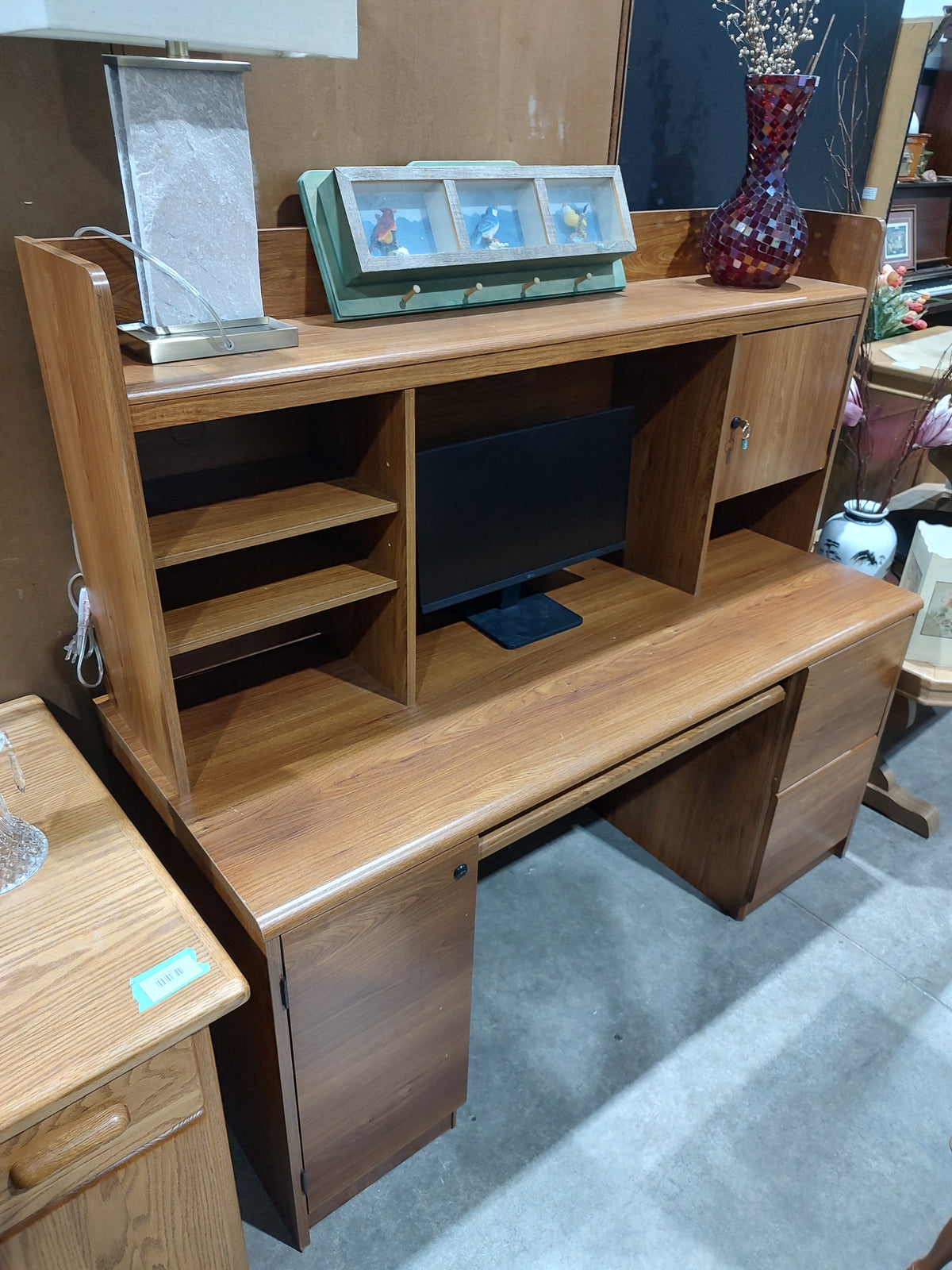 Wood-Tone Computer Desk with Storage Hutch & Keyboard Tray