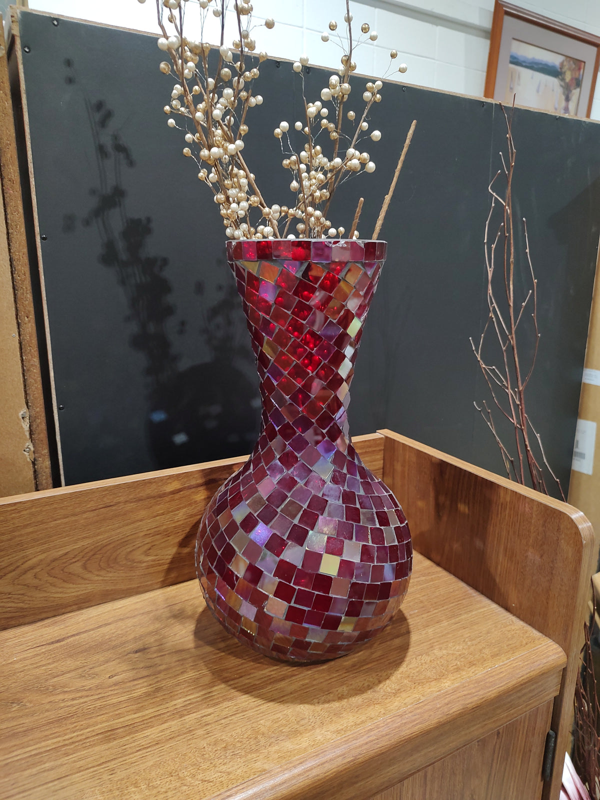 Red & Iridescent Mosaic Glass Decorative Vase
