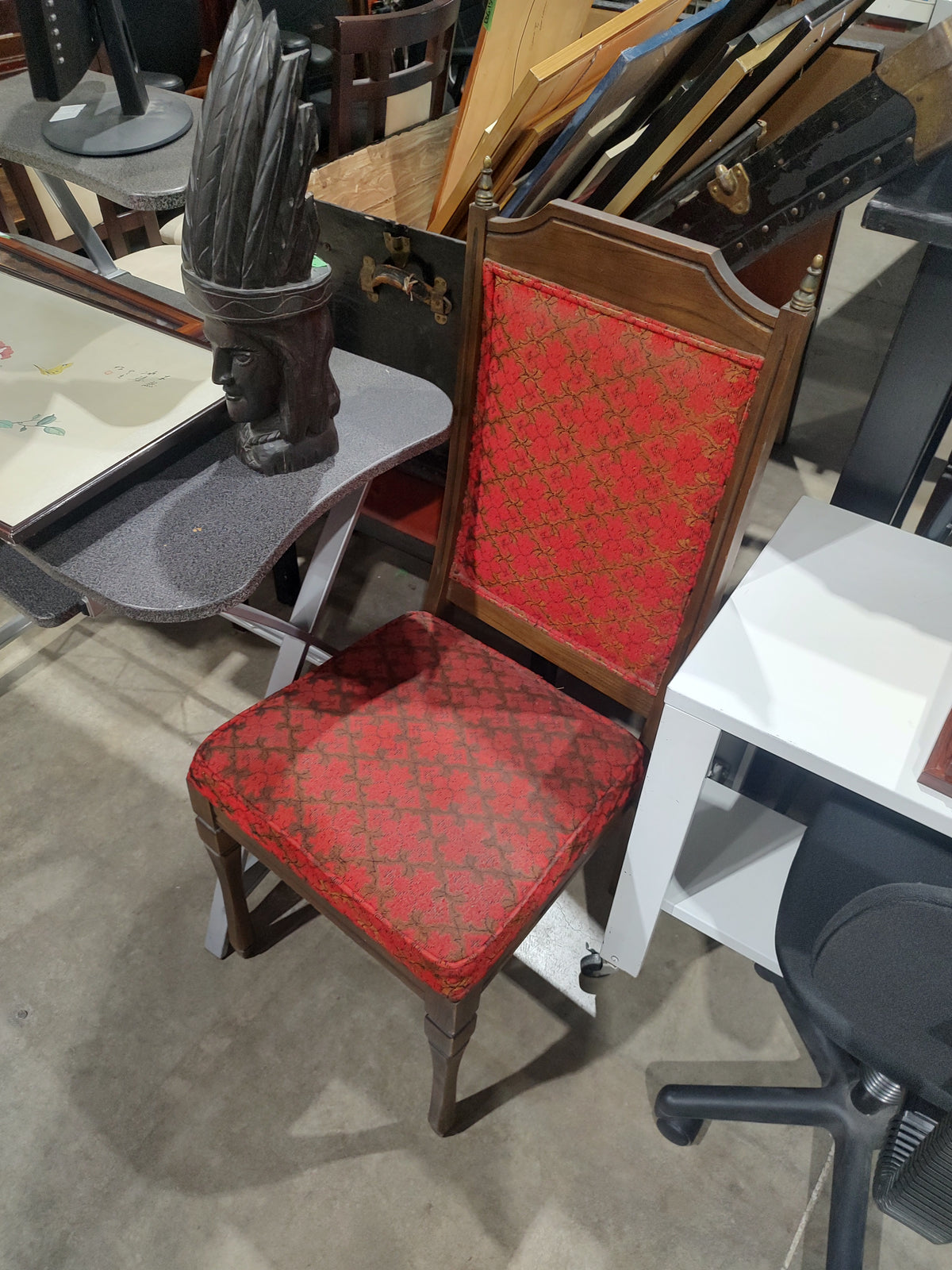 Traditional Wood Dining Chair with Red Patterned Upholstery