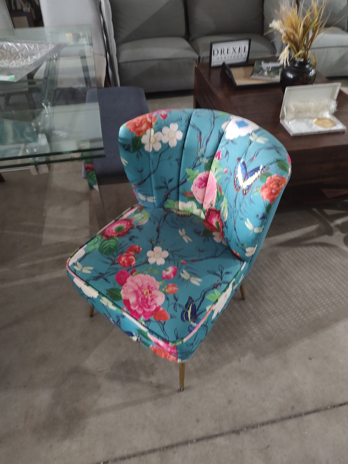 Teal Floral Accent Chair with Gold-Tone Legs – Sold Individually
