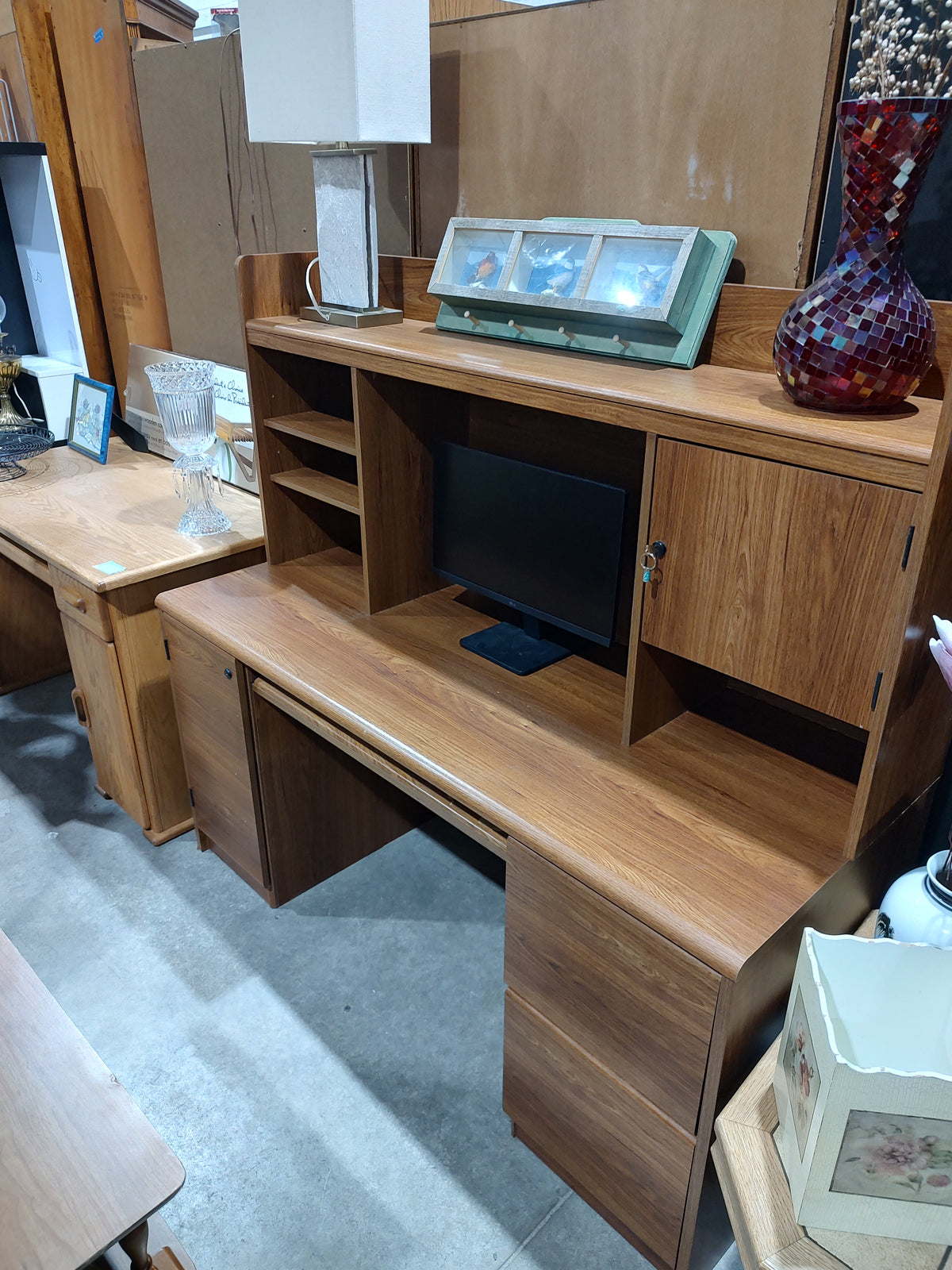 Wood-Tone Computer Desk with Storage Hutch & Keyboard Tray