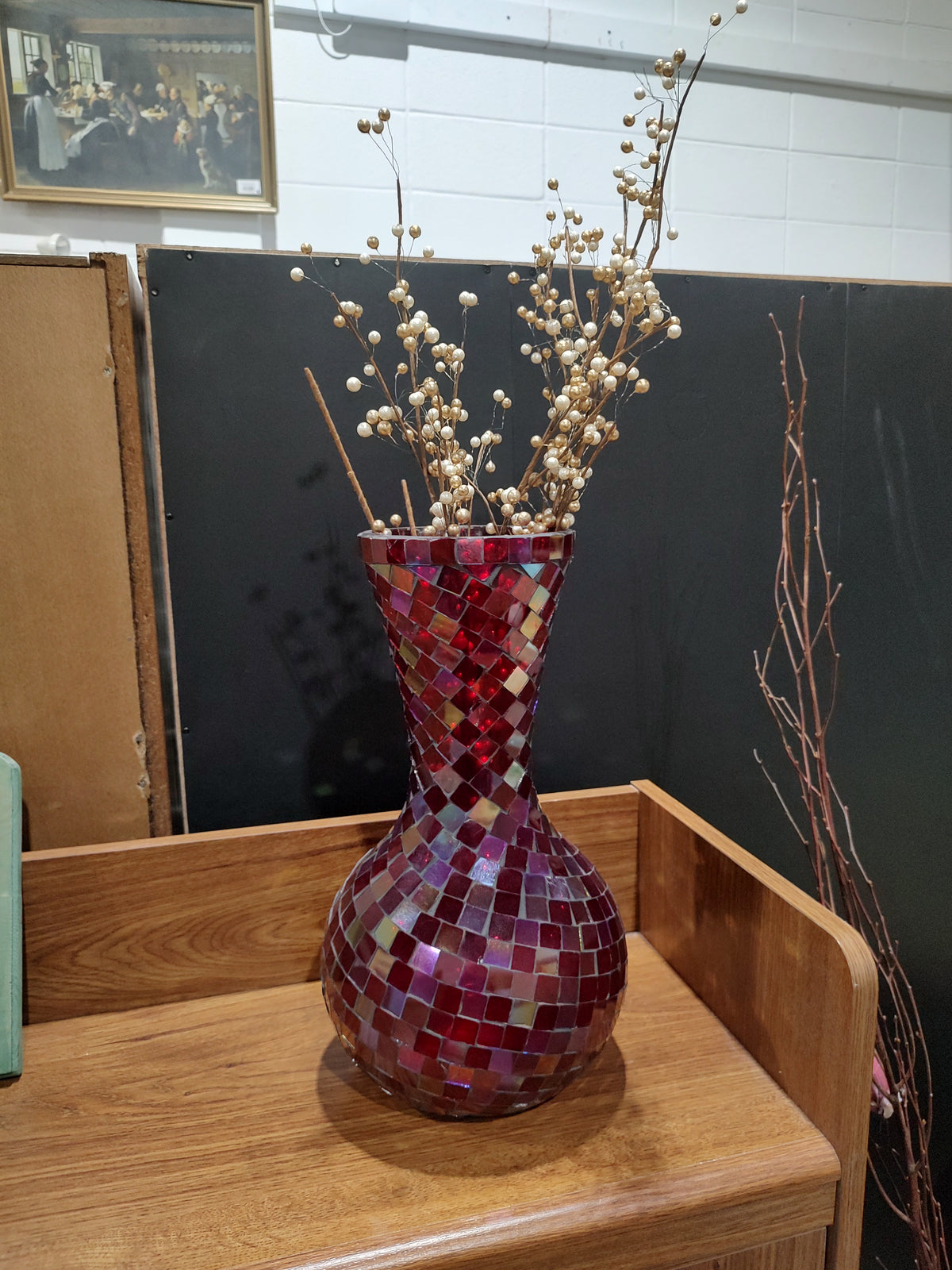 Red & Iridescent Mosaic Glass Decorative Vase