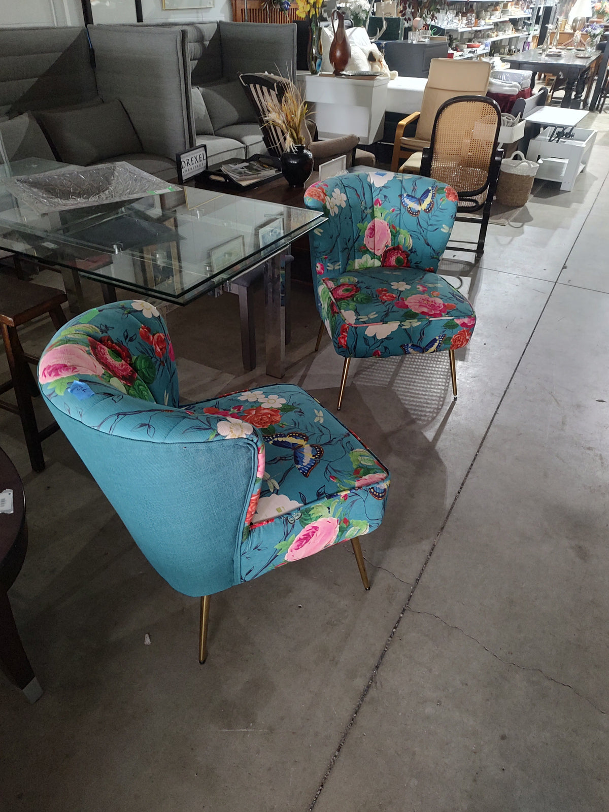 Teal Floral Accent Chair with Gold-Tone Legs – Sold Individually