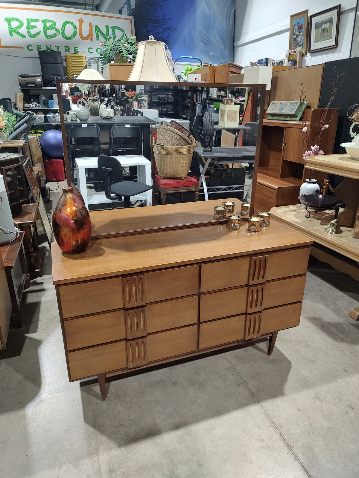 Mid-Century Modern 6-Drawer Dresser with Mirror