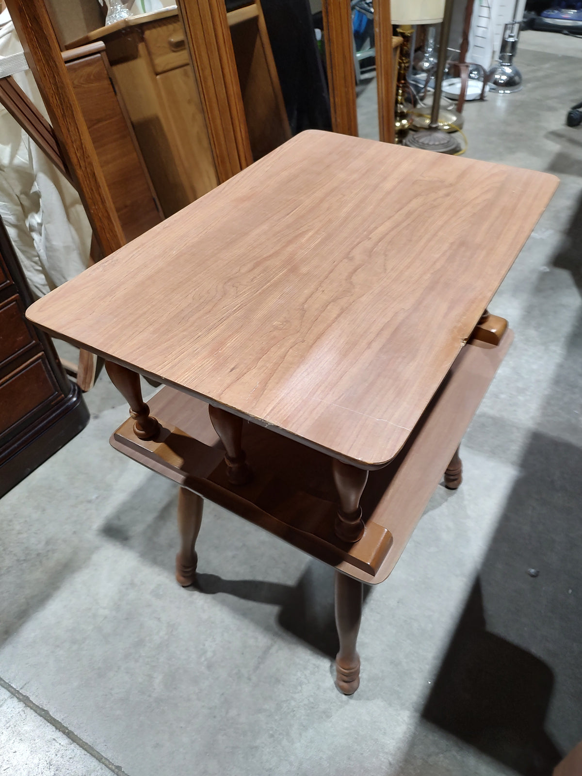 Two-Tier Wood-Tone Side Table with Turned Legs