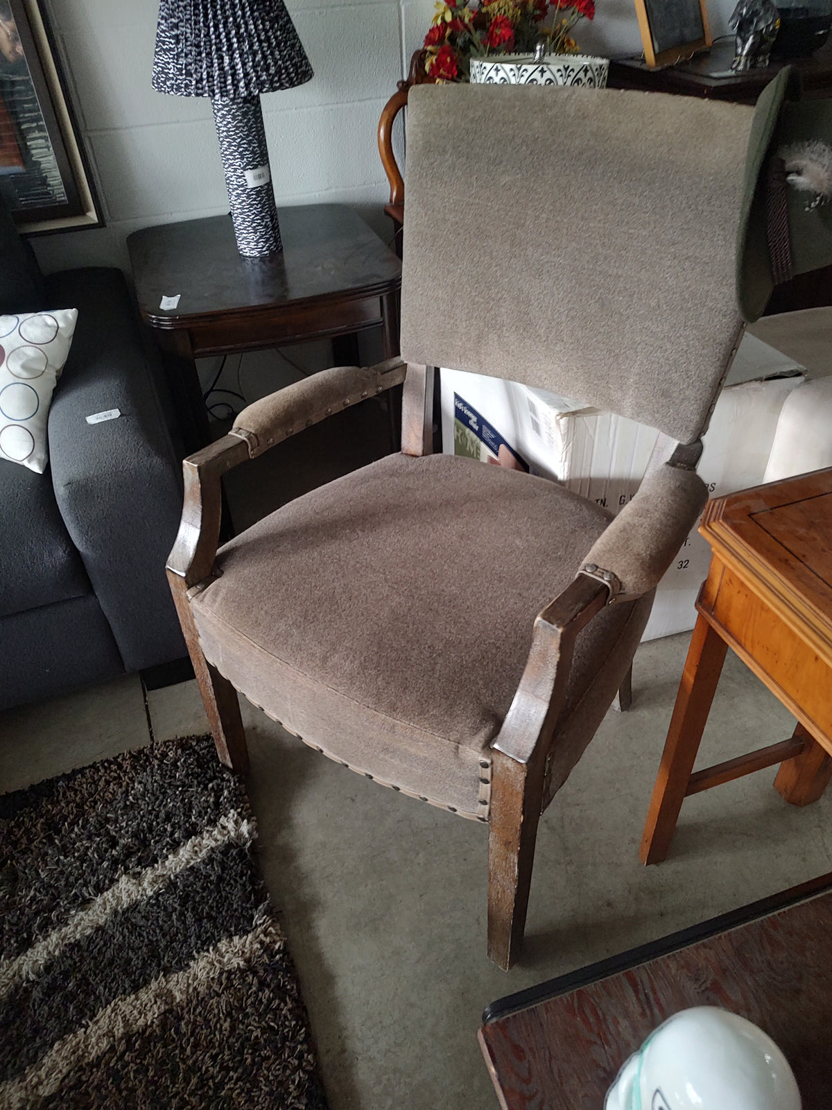 Taupe Upholstered Wood-Frame Accent Armchair
