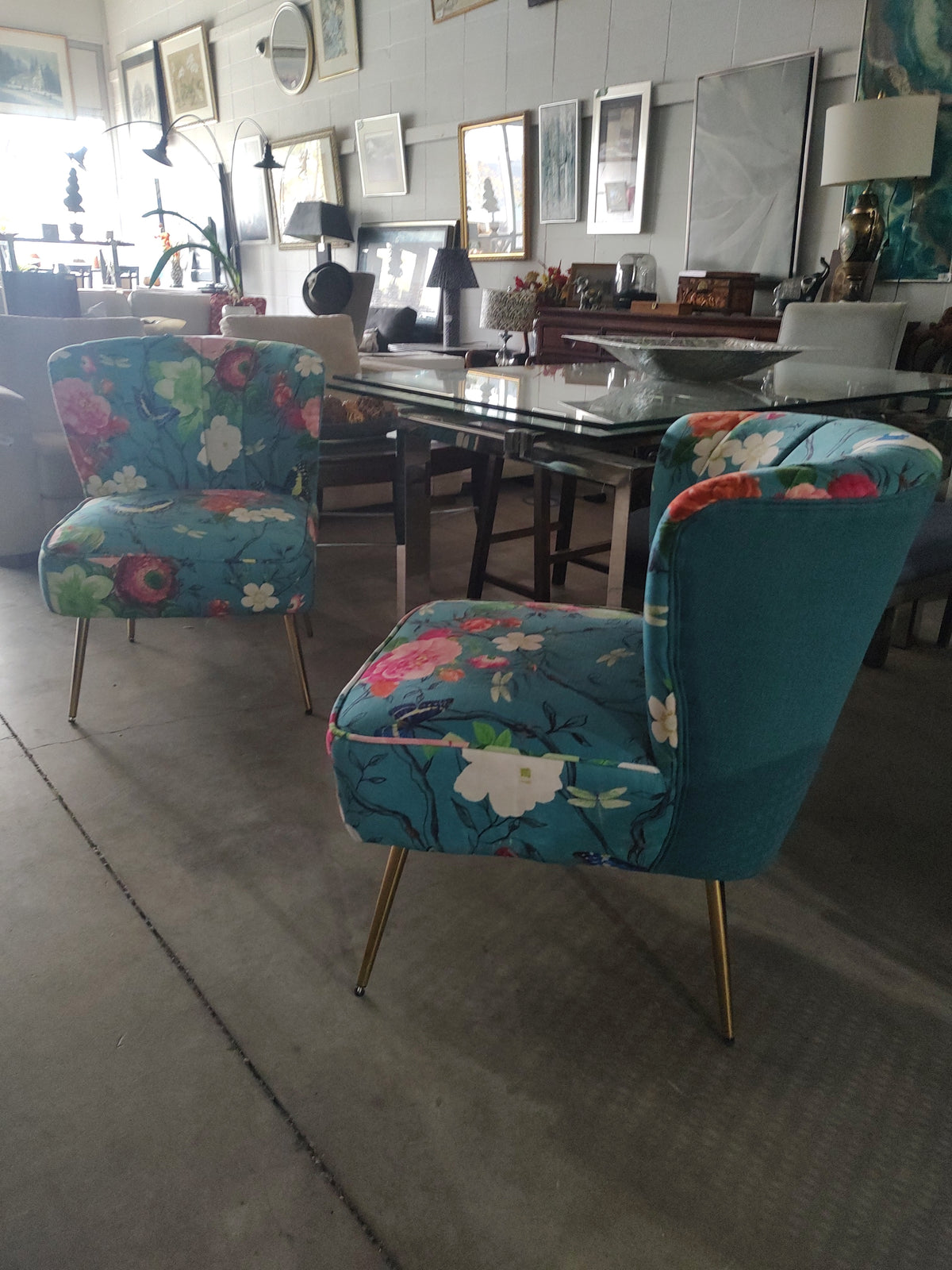 Teal Floral Accent Chair with Gold-Tone Legs – Sold Individually