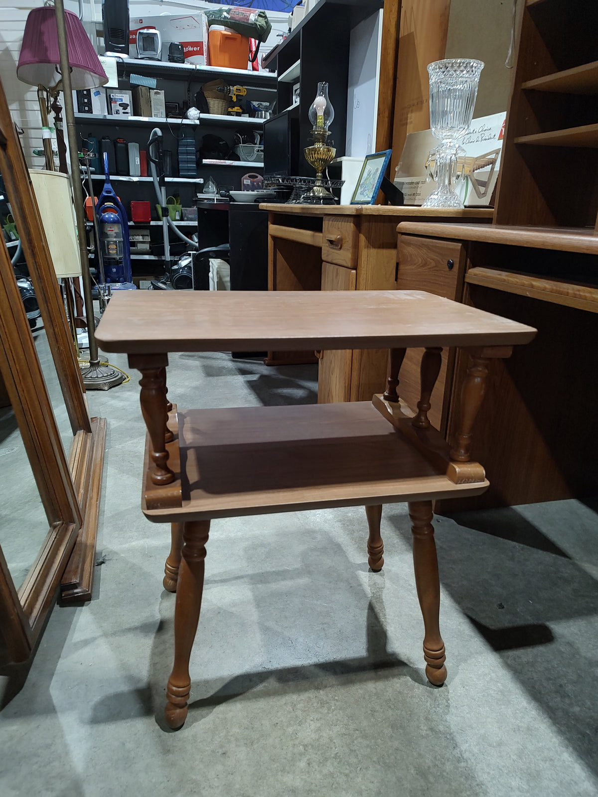 Two-Tier Wood-Tone Side Table with Turned Legs