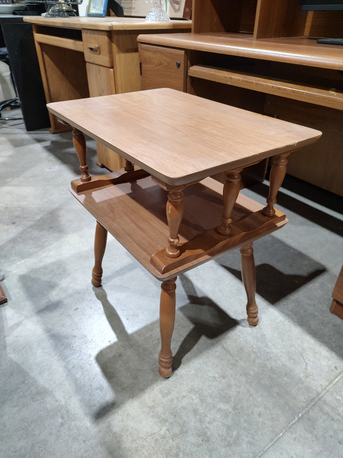 Two-Tier Wood-Tone Side Table with Turned Legs